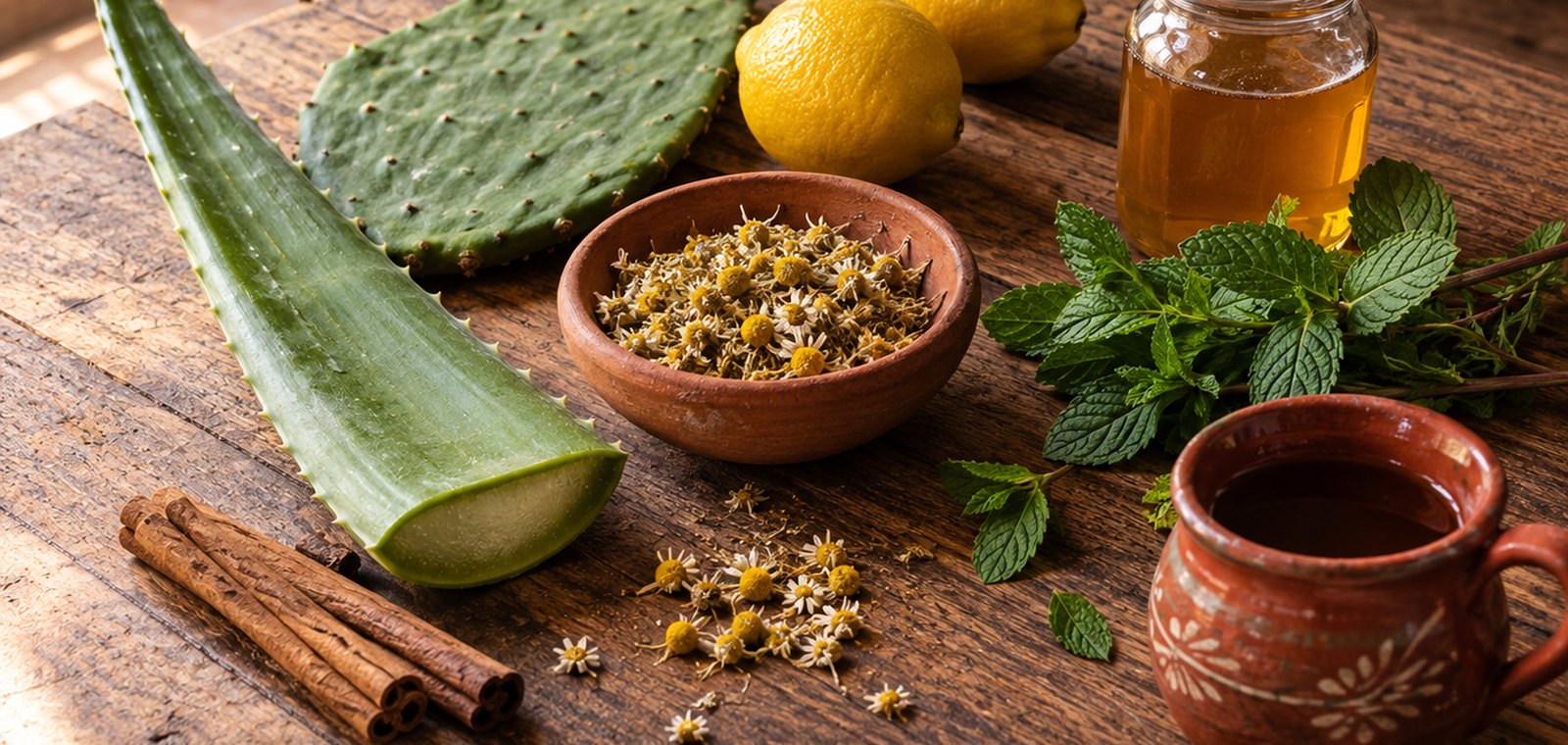 La mesa de Don Chuy con nopal, limón, manzanilla, hierbabuena y canela